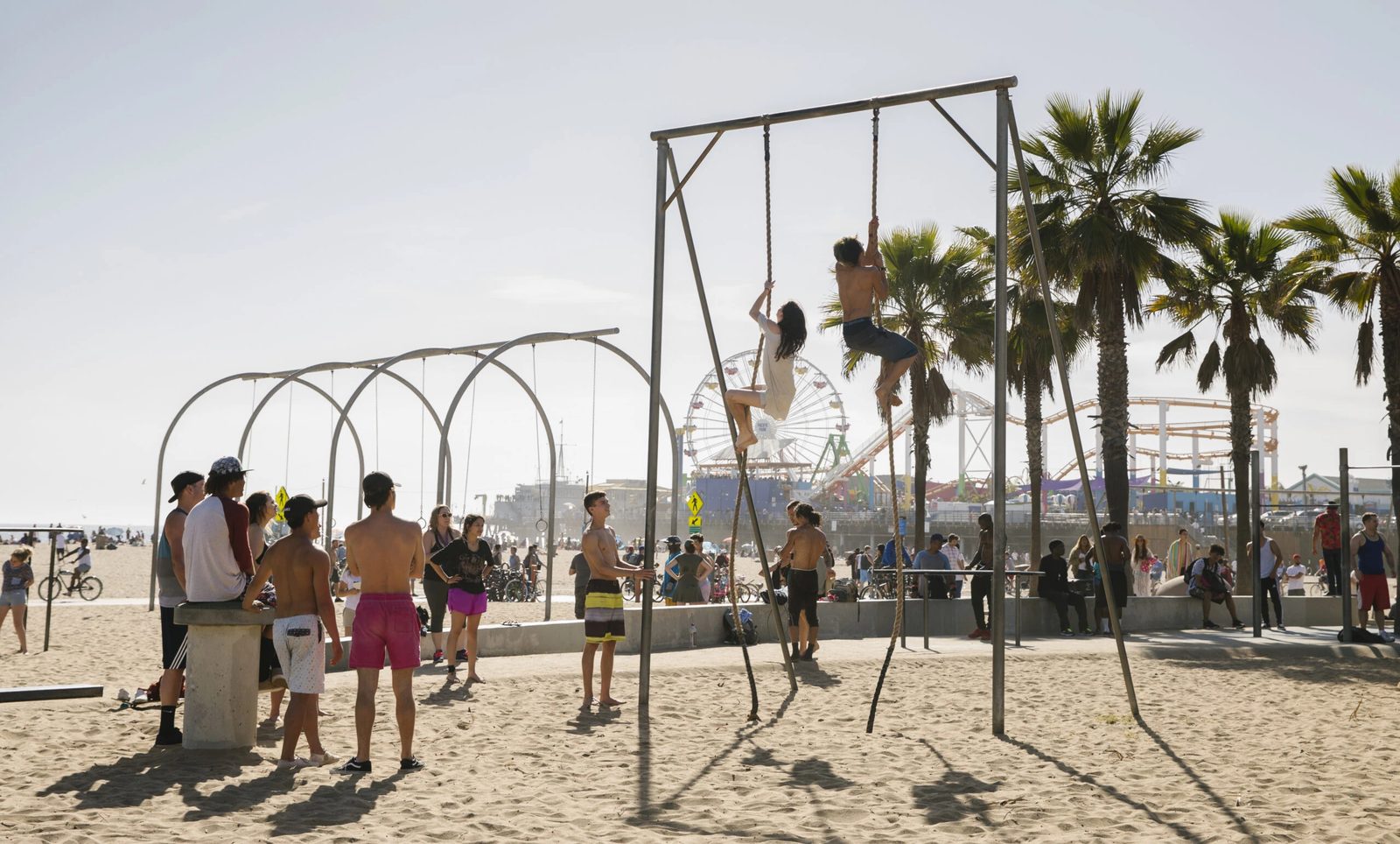 Muscle Beach outdoor weights pen near the pier